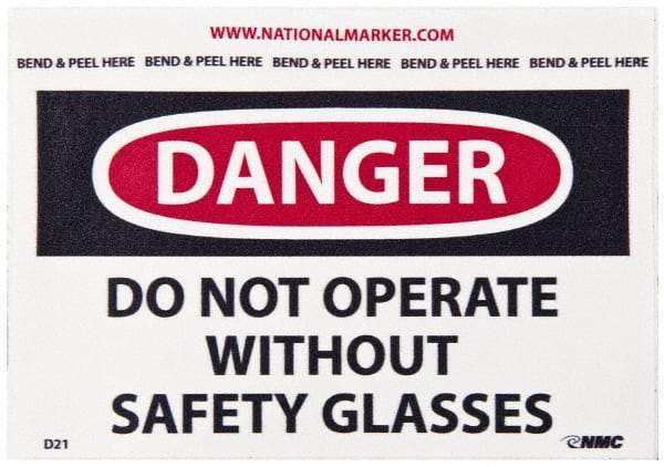 NMC - Accident Prevention Label, Header: DANGER - Legend: Danger - Do Not Operate without Safety Glasses, English, Red, Black & White, 5" Long x 3" High, Sign Muscle Finish - Apex Tool & Supply
