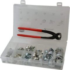 Oetiker - 124 Piece, 5/16 to 1" Diam, 2-Ear Service Clamp Kit - 123 Clamps & 1 Zinc Plated Side Jaw Pincers - Apex Tool & Supply