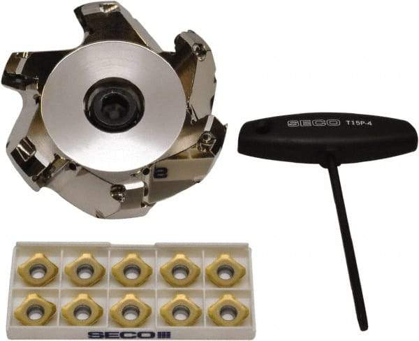 Seco - 3.7" Cut Diam, 1" Arbor Hole, 0.236" Max Depth of Cut, 45° Indexable Chamfer & Angle Face Mill - 6 Inserts, SE.X 43 Insert, Right Hand Cut, 6 Flutes, Through Coolant, Series R220.53 - Apex Tool & Supply
