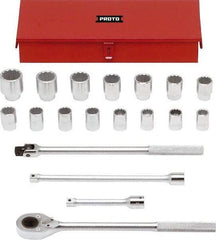 Proto - 19 Piece 3/4" Drive Chrome Finish Socket Set - 12 Points, 24mm to 46mm Range, Metric Measurement Standard - Apex Tool & Supply