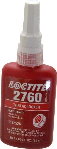 Loctite - 50 mL Bottle, Red, High Strength Liquid Threadlocker - Series 2760, 24 hr Full Cure Time, Hand Tool, Heat Removal - Apex Tool & Supply