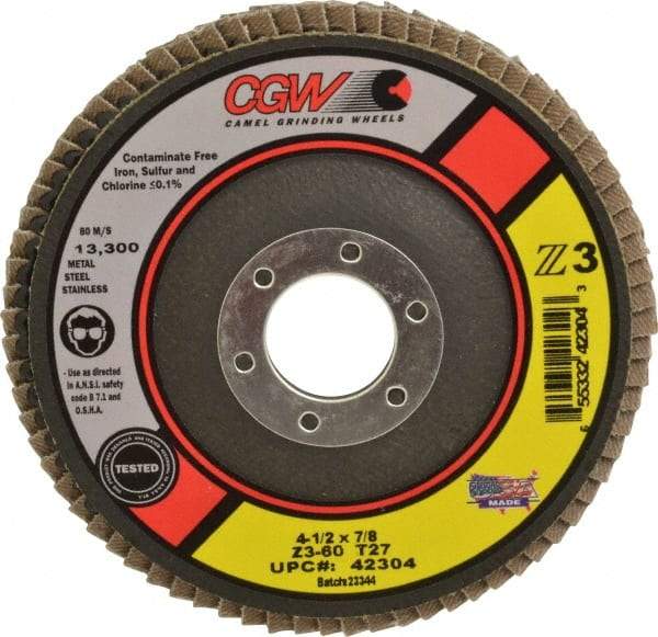 Camel Grinding Wheels - 60 Grit, 4-1/2" Disc Diam, 7/8" Center Hole, Type 27 Zirconia Alumina Flap Disc - 13,300 Max RPM, Poly Cotton Backing, Arbor Attaching System, Coated - Apex Tool & Supply