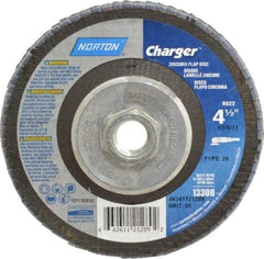 Norton - 40 Grit, 4-1/2" Disc Diam, 5/8-11 Center Hole, Type 29 Zirconia Alumina Flap Disc - 13,000 Max RPM, Fiberglass Backing, Arbor Attaching System, Coated - Apex Tool & Supply