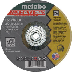 Depressed Center Wheel: Type 27, 6″ Dia, 1/8″ Thick, 5/8″ Hole, Zirconia Alumina 24 Grit, 10,200 Max RPM