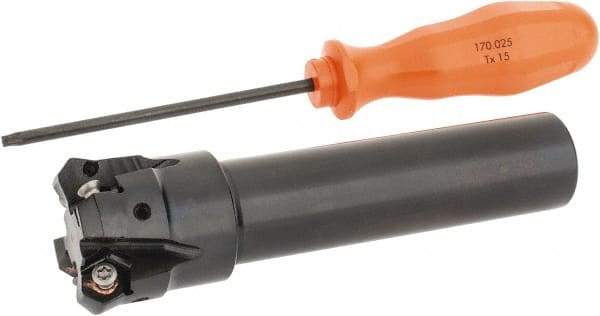 Kennametal - 45° Lead Angle, 39.93mm Max Cut Diam, 1-1/4" Min Cut Diam, 3.23mm Max Depth of Cut, Indexable Chamfer and Angle End Mill - 4 Inserts, HNGJ 0604ANENLD Insert Style, 132.08mm Overall Length, Through Coolant, Straight Shank - Apex Tool & Supply