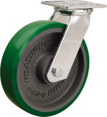 Hamilton - 8" Diam x 2" Wide x 9-1/2" OAH Top Plate Mount Swivel Caster - Polyurethane Mold onto Cast Iron Center, 900 Lb Capacity, Sealed Precision Ball Bearing, 4 x 4-1/2" Plate - Apex Tool & Supply