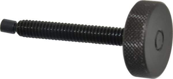 Gibraltar - 1/4-20 Knurled Shoulderless Swivel Pad Tip Steel Thumb Screw - 2-5/16" OAL, 1" Head Diam x 5/16" Head Height, Black Oxide Finish - Apex Tool & Supply