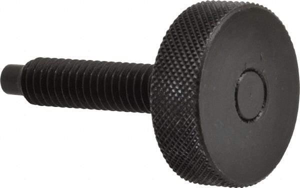 Gibraltar - 5/16-18 Knurled Shoulderless Dog Point Tip Grade 12L14 Steel Thumb Screw - 1-7/8" OAL, 1-1/8" Head Diam x 3/8" Head Height, Black Oxide Finish - Apex Tool & Supply