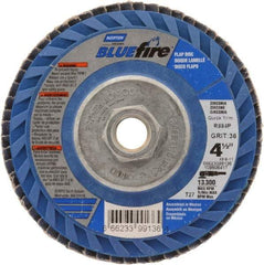 Norton - 36 Grit, 4-1/2" Disc Diam, 5/8-11 Center Hole, Type 27 Zirconia Alumina Flap Disc - 13,300 Max RPM, Cloth Backing, Arbor Attaching System, Coated - Apex Tool & Supply