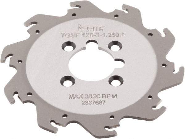 Iscar - Arbor Hole Connection, 0.118" Cutting Width, 1.36" Depth of Cut, 4.921" Cutter Diam, 1-1/4" Hole Diam, 10 Tooth Indexable Slotting Cutter - TGSF Toolholder, TAG N3\x85 Insert, Right Hand Cutting Direction - Apex Tool & Supply