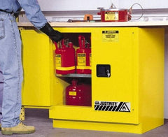 Justrite - 2 Door, 1 Shelf, Yellow Steel Under the Counter Safety Cabinet for Flammable and Combustible Liquids - 35" High x 35" Wide x 22" Deep, Manual Closing Door, 22 Gal Capacity - Apex Tool & Supply