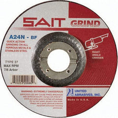 Sait - 24 Grit, 4-1/2" Wheel Diam, 3/16" Wheel Thickness, 7/8" Arbor Hole, Type 27 Depressed Center Wheel - Aluminum Oxide, Resinoid Bond, N Hardness, 13,300 Max RPM, Compatible with Angle Grinder - Apex Tool & Supply