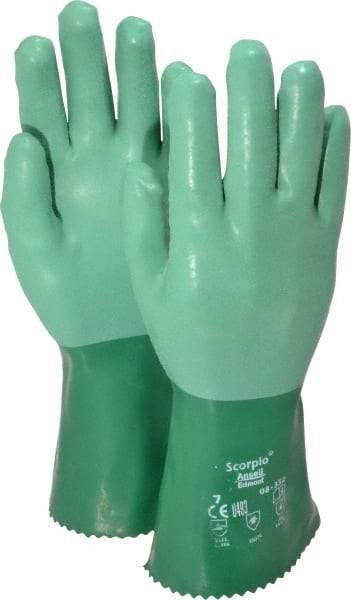 Ansell - Size S (7), 12" Long, 55 mil Thick, Supported, Neoprene Chemical Resistant Gloves - Textured Finish, Cotton Interlock Knit Lined, Gauntlet Cuff, ANSI Abrasion Level 3, ANSI Cut Level 1, Green - Apex Tool & Supply