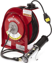 Reelcraft - 16 AWG, 50' Cable Length, Cord & Cable Reel with LED Light End - 1 Outlet, NEMA 5-15R, 13 Amps, 125 Volts, SJTOW Cable, Red Reel, Spring Driven Reel - Apex Tool & Supply