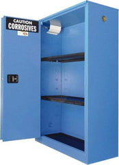 Securall Cabinets - 2 Door, 2 Shelf, Blue Steel Standard Safety Cabinet for Corrosive Chemicals - 65" High x 43" Wide x 18" Deep, Sliding Door, 3 Point Key Lock, 45 Gal Capacity - Apex Tool & Supply