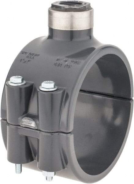 Value Collection - 4 x 1/2" PVC Plastic Pipe Clamp On Saddle with Viton O-Ring - Schedule 80, Pipe O.D. x SR Fipt End Connections - Apex Tool & Supply