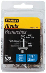 Stanley - Steel Color Coded Blind Rivet - Steel Mandrel, 0.062" to 1/8" Grip, 1/4" Head Diam, 0.125" to 0.133" Hole Diam, 0.275" Length Under Head, 1/8" Body Diam - Apex Tool & Supply