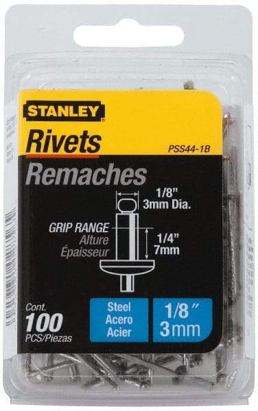 Stanley - Steel Color Coded Blind Rivet - Steel Mandrel, 0.188" to 1/4" Grip, 1/4" Head Diam, 0.125" to 0.133" Hole Diam, 0.4" Length Under Head, 1/8" Body Diam - Apex Tool & Supply