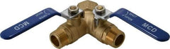 Midwest Control - 3/4 x 1" Pipe, Standard Port, Brass Standard Ball Valve - 2 Piece, Three Way, FNPT x MNPT x MNPT Ends, Lever Handle, 600 WOG, 150 WSP - Apex Tool & Supply
