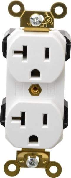 Leviton - 125 VAC, 20 Amp, 5-20R NEMA Configuration, White, Industrial Grade, Self Grounding Duplex Receptacle - 1 Phase, 2 Poles, 3 Wire, Flush Mount, Impact and Tamper Resistant - Apex Tool & Supply