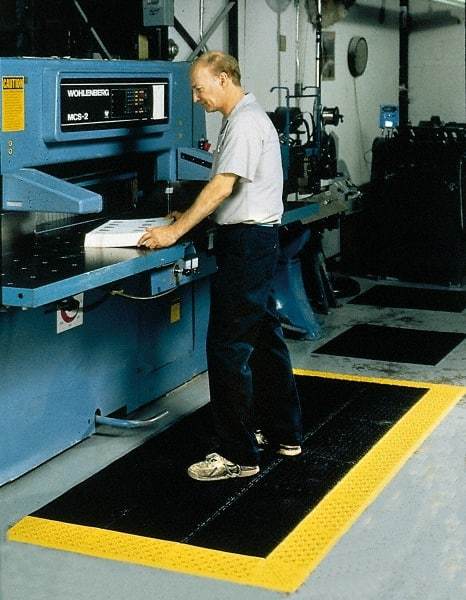Notrax - 10' Long, Dry/Wet Environment, Anti-Fatigue Matting - Black with Yellow Borders, Vinyl with Vinyl Base, Beveled on 3 Sides - Apex Tool & Supply