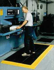 Notrax - 10' Long, Dry/Wet Environment, Anti-Fatigue Matting - Black with Yellow Borders, Vinyl with Vinyl Base, Beveled on 3 Sides - Apex Tool & Supply