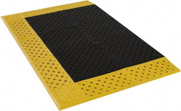 Notrax - 4' Long, Dry/Wet Environment, Anti-Fatigue Matting - Black with Yellow Borders, Vinyl with Vinyl Base, Beveled on 3 Sides - Apex Tool & Supply