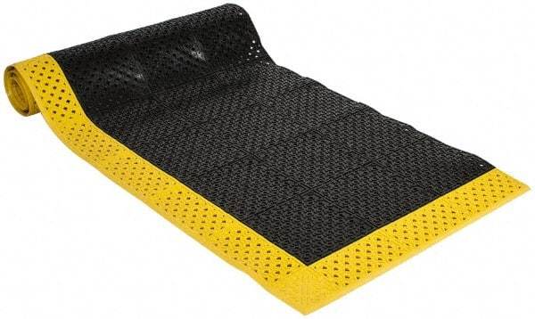 Notrax - 10' Long, Dry/Wet Environment, Anti-Fatigue Matting - Black with Yellow Borders, Vinyl with Vinyl Base, Beveled on 3 Sides - Apex Tool & Supply