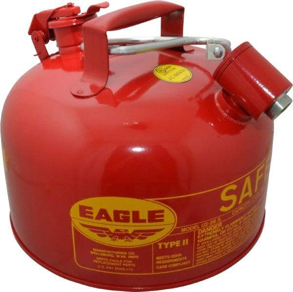 Eagle - 2 Gal Galvanized Steel Type II Safety Can - 9-1/2" High x 11-1/4" Diam, Red with Yellow - Apex Tool & Supply