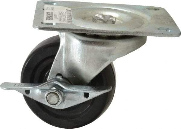Value Collection - 3" Diam x 1-1/4" Wide x 3-13/16" OAH Top Plate Mount Swivel Caster with Brake - Soft Rubber, 175 Lb Capacity, Self-Lubricating Bearing, 3-1/8 x 4-1/8" Plate - Apex Tool & Supply
