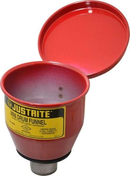 Justrite - 4-1/2" High x 4-1/2" Diam, Galvanized Steel, Manual Closing Pail Funnel with Flame Arrester - 1" Arrester/Tube Length, 5 Gal Drum/Pail Capacity - Apex Tool & Supply