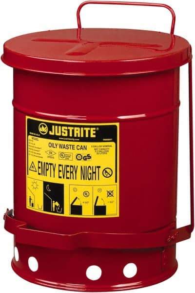 Justrite - 6 Gallon Capacity, Galvanized Steel Disposal Can - 11-7/8 Inch Wide/Diameter x 15-7/8 Inch High, Red, Foot Operated, Approved FM and UL - Apex Tool & Supply