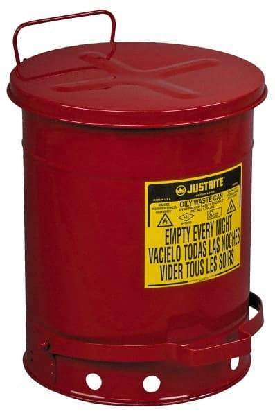 Justrite - 10 Gallon Capacity, Galvanized Steel Disposal Can - 13-15/16 Inch Wide/Diameter x 18-1/4 Inch High, Red, Foot Operated, Approved FM and UL - Apex Tool & Supply