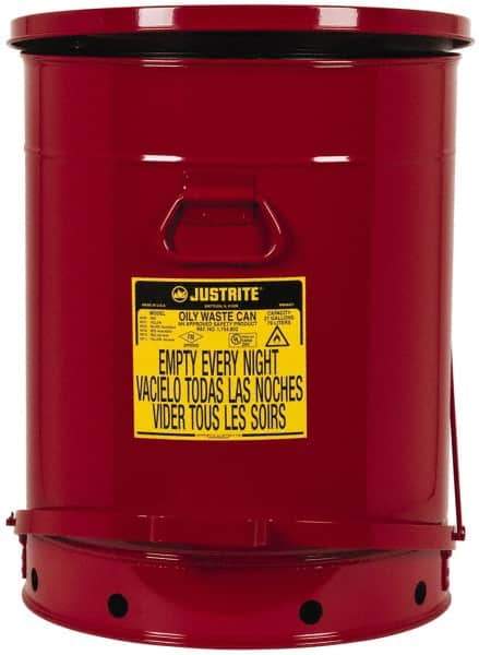 Justrite - 21 Gallon Capacity, Galvanized Steel Disposal Can - 18-3/8 Inch Wide/Diameter x 23-7/16 Inch High, Red, Foot Operated, Approved FM and UL - Apex Tool & Supply
