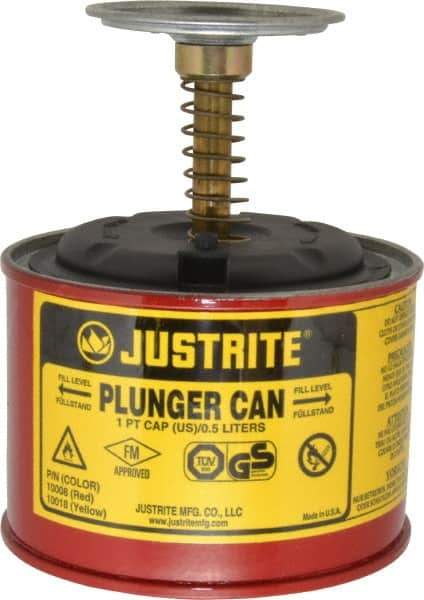 Justrite - 1 Pint Capacity, 5-1/4 Inch High x 4-7/8 Inch Diameter, Steel Plunger Can - 2-3/4 Inch Dasher Diameter, Red, Approval Listing/Regulation FM - Apex Tool & Supply