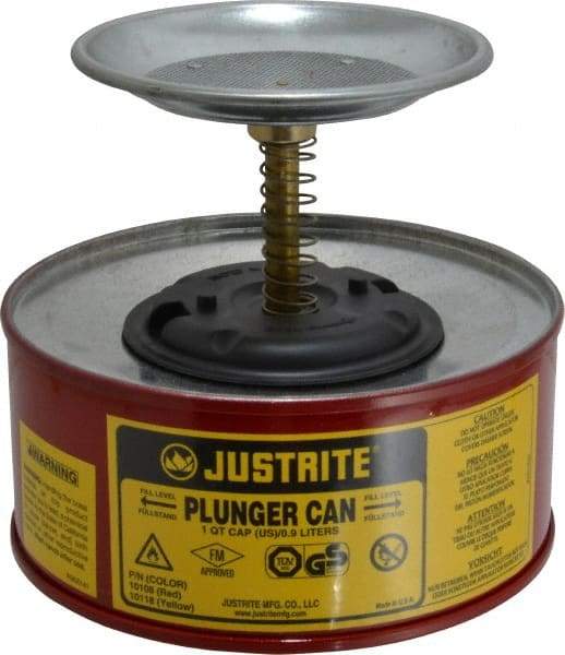 Justrite - 1 Quart Capacity, 5-5/8 Inch High x 7-1/4 Inch Diameter, Steel Plunger Can - 5 Inch Dasher Diameter, Red, Approval Listing/Regulation FM - Apex Tool & Supply