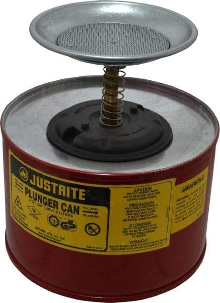 Justrite - 2 Quart Capacity, 7-3/8 Inch High x 7-1/4 Inch Diameter, Steel Plunger Can - 5 Inch Dasher Diameter, Red, Approval Listing/Regulation FM - Apex Tool & Supply