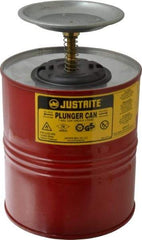 Justrite - 4 Quart Capacity, 10-1/2 Inch High x 7-1/4 Inch Diameter, Steel Plunger Can - 5 Inch Dasher Diameter, Red, Approval Listing/Regulation FM - Apex Tool & Supply