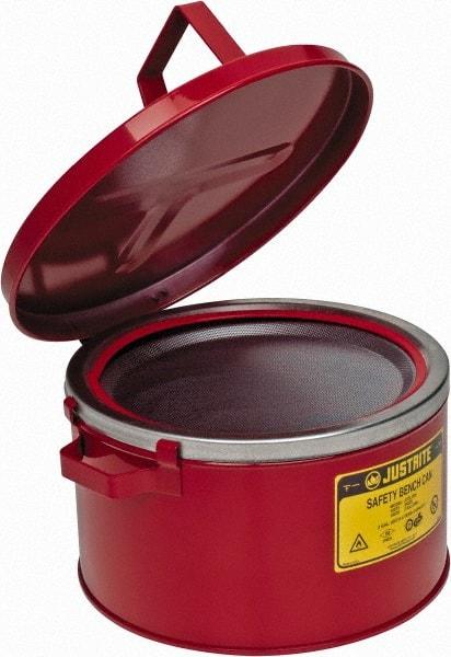 Justrite - 2 Gallon Capacity, Coated Steel, Red Bench Can - 5-7/8 Inch High x 11-1/2 Inch Diameter, 9-3/4 Inch Dasher Diameter - Apex Tool & Supply