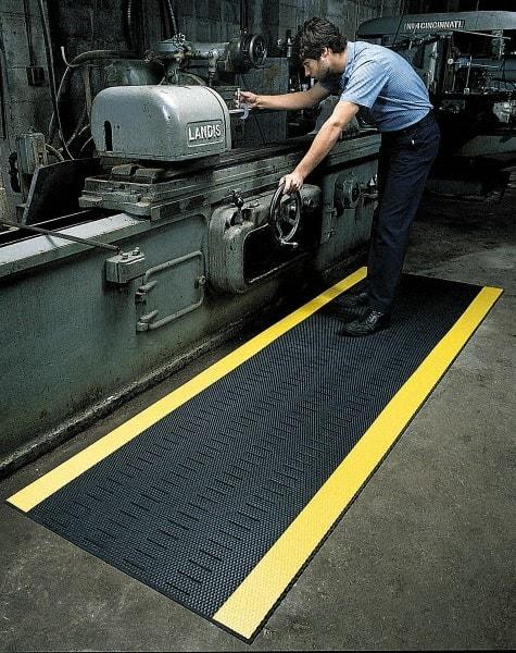 Wearwell - 30' Long x 3' Wide, Dry/Wet Environment, Anti-Fatigue Matting - Black with Yellow Borders, Vinyl with Vinyl Base, Beveled on 4 Sides - Apex Tool & Supply