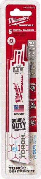 Milwaukee Tool - 6" Long x 1" Thick, Bi-Metal Reciprocating Saw Blade - Straight Profile, 10 TPI, Toothed Edge, Universal Shank - Apex Tool & Supply