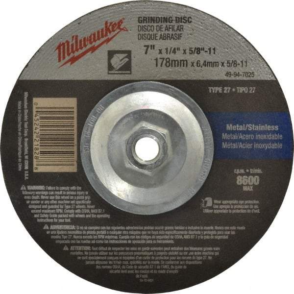Milwaukee Tool - 24 Grit, 7" Wheel Diam, 1/4" Wheel Thickness, Type 27 Depressed Center Wheel - Aluminum Oxide, Resinoid Bond, R Hardness, 8,600 Max RPM, Compatible with Angle Grinder - Apex Tool & Supply