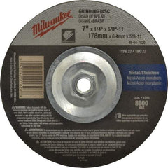 Milwaukee Tool - 24 Grit, 7" Wheel Diam, 1/4" Wheel Thickness, Type 27 Depressed Center Wheel - Aluminum Oxide, Resinoid Bond, R Hardness, 8,600 Max RPM, Compatible with Angle Grinder - Apex Tool & Supply