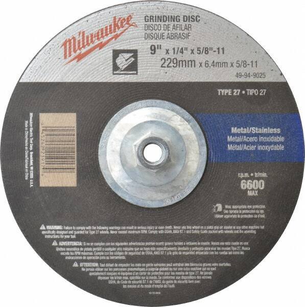 Milwaukee Tool - 24 Grit, 9" Wheel Diam, 1/4" Wheel Thickness, Type 27 Depressed Center Wheel - Aluminum Oxide, Resinoid Bond, R Hardness, 6,600 Max RPM, Compatible with Angle Grinder - Apex Tool & Supply