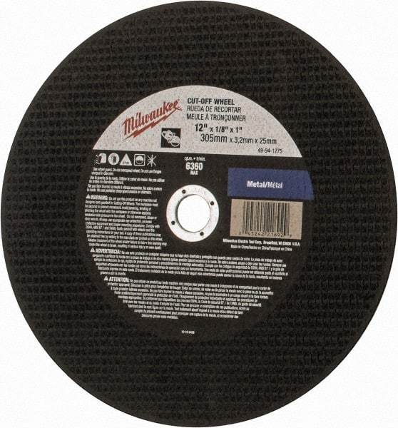 Milwaukee Tool - 12" 24 Grit Aluminum Oxide Cutoff Wheel - 1/8" Thick, 1" Arbor, 6,360 Max RPM, Use with Angle Grinders - Apex Tool & Supply