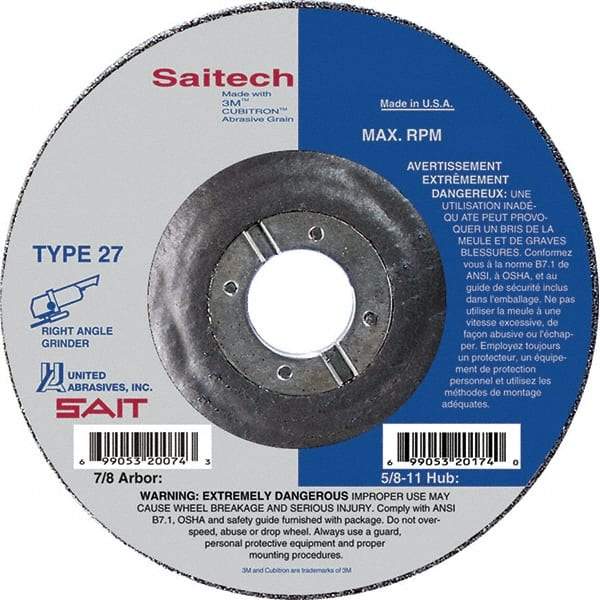 Sait - 7" Wheel Diam, 1/4" Wheel Thickness, 7/8" Arbor Hole, Type 27 Depressed Center Wheel - Ceramic, Resinoid Bond, 8,500 Max RPM, Compatible with Angle Grinder - Apex Tool & Supply