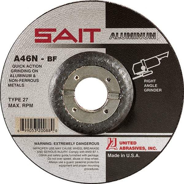 Sait - 46 Grit, 4" Wheel Diam, 1/4" Wheel Thickness, 5/8" Arbor Hole, Type 27 Depressed Center Wheel - Aluminum Oxide, Resinoid Bond, N Hardness, 13,500 Max RPM, Compatible with Angle Grinder - Apex Tool & Supply