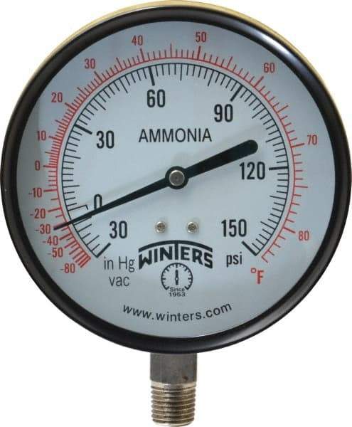 Winters - 4" Dial, 1/4 Thread, 30-0-150 Scale Range, Pressure Gauge - Lower Connection Mount, Accurate to 3-2-3% of Scale - Apex Tool & Supply