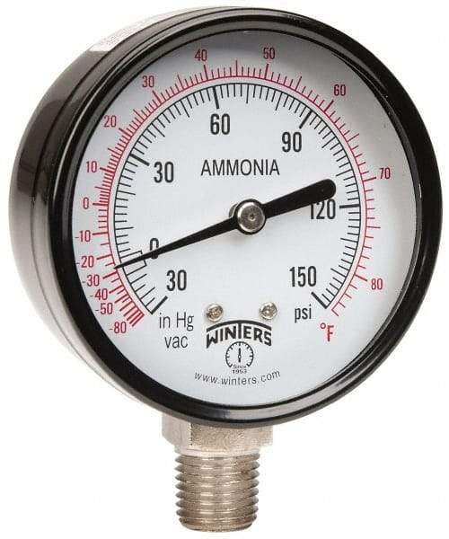 Winters - 2-1/2" Dial, 1/4 Thread, 30-0-150 Scale Range, Pressure Gauge - Lower Connection Mount, Accurate to 3-2-3% of Scale - Apex Tool & Supply