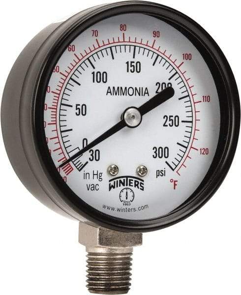 Winters - 2-1/2" Dial, 1/4 Thread, 30-0-300 Scale Range, Pressure Gauge - Lower Connection Mount, Accurate to 3-2-3% of Scale - Apex Tool & Supply